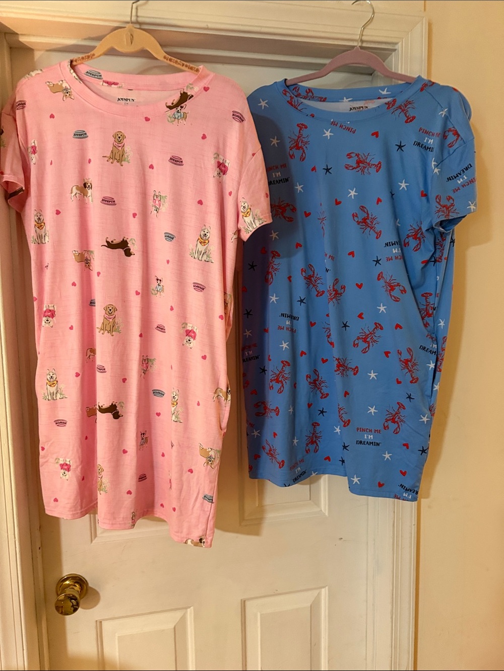 Women’s ' Pink & Blue Printed Nightgowns - Cute Dogs & Lobsters